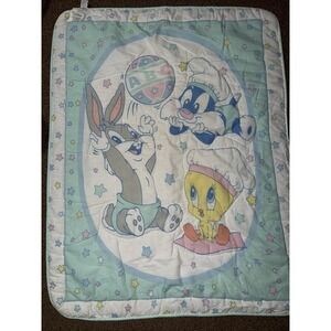 Vintage Baby Looney Tunes Crib Quilt Bugs Bunny Tweety Stars 90s Y2K Pastel Aqua